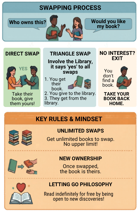 Swapping process: direct swap, triangle swap via the library, or no-interest exit